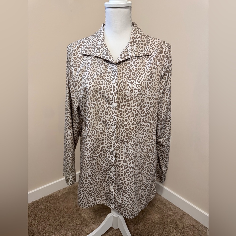 Chico’s Leopard Print Button-Up Blouse in Beige and Taupe